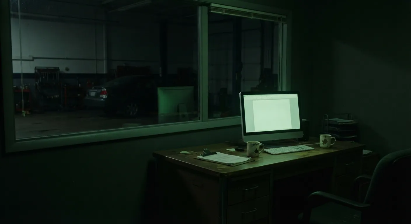 A small shop's office after closing, with one computer still on.
