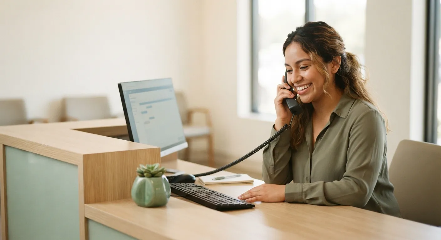 A receptionist on the phone, smiling as a problem on her computer gets fixed.