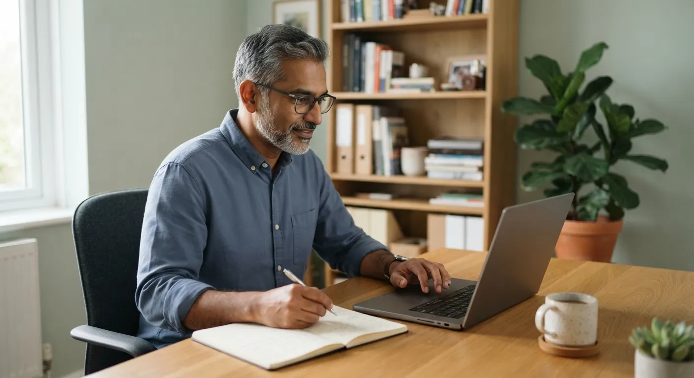 A small-business owner working on his laptop in his home office.