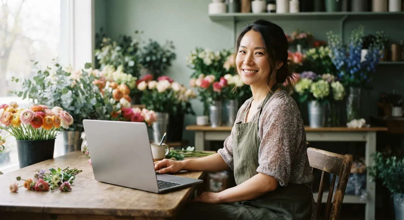 A flower shop owner smiling at her desk.
