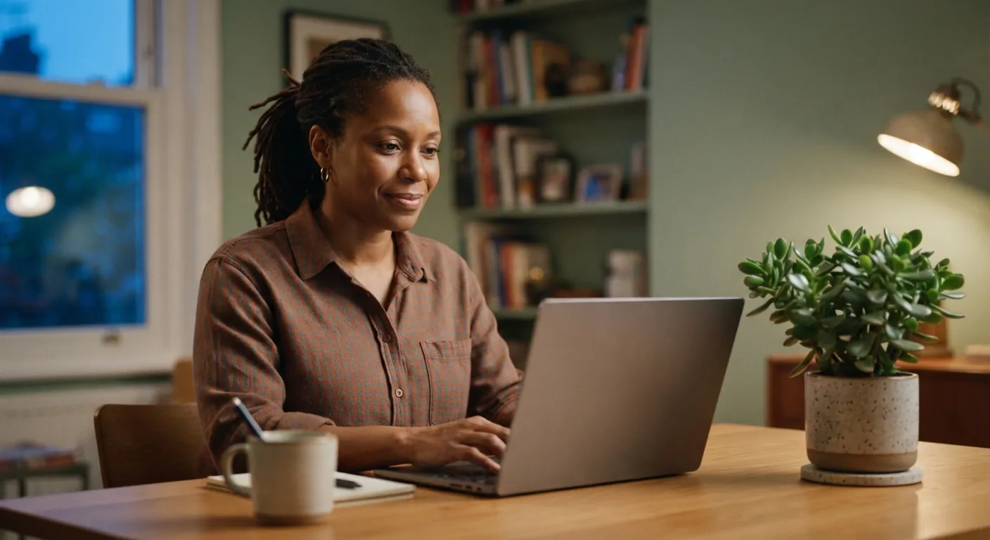 A business owner working on her laptop at home in the evening.
